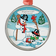 Funny Snowman with Hot Chocolate Cartoon Christmas Tree Ornament