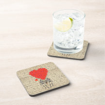 Funny vintage Skeleton and red heart Drink Coasters
