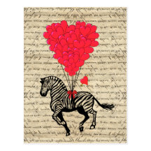 Funny vintage zebra & heart balloons postcard