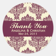 Fuschia & Ivory Damask Round Wedding Labels Stickers
