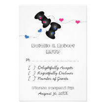 Geeky Gamers Wedding Response Card Dark, Blue/Pink