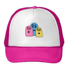 Ghosts in pink blue yellow hats