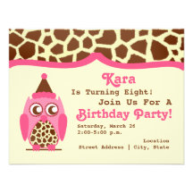 Giraffe & Pink Owl Birthday Party Invite