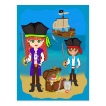 Girl and Boy Pirates with Ship on Beach Postcard