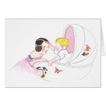 Girl Entertains Baby Brother in Bassinet Greeting Cards