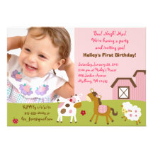 Girl Farm Animal Custom Photo Birthday Invitations
