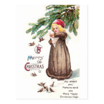 Girl Feeding Birds in the Snow Postcards