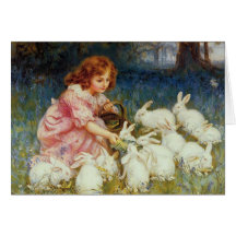 Girl feeding Rabbits Card
