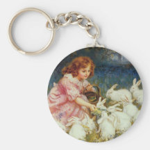 Girl feeding Rabbits Key Chain