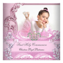 Girl First Holy Communion Pink Photo Butterfly Custom Invitations