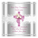Girl First Holy Communion Silver Lace Pink Pearl Announcement