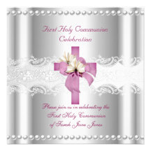 Girl First Holy Communion Silver Lace Pink Pearl Announcement