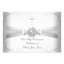 Girl First Holy Communion White Silver Announcements