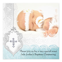 Girl or Boy Baptism Teal White Lace Photo Cross Invite