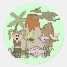 Girl Prehistoric Life Round Sticker