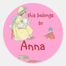 Girl reading to Doll Rounded Bookplate Sticker
