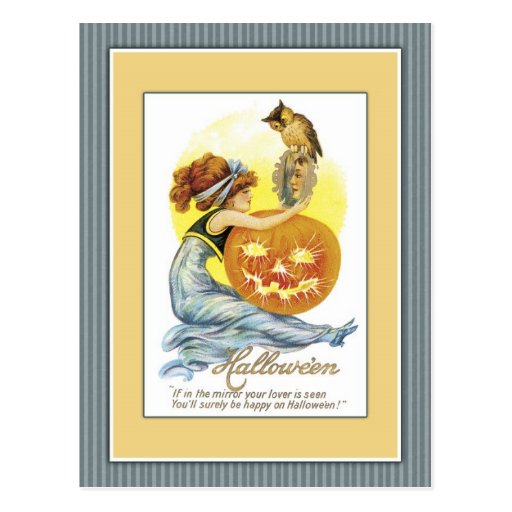 Girl with mirror, pumpkin and owl postcards