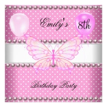Girls 8th Birthday Butterfly Pink Pearls Balloons Custom Invite