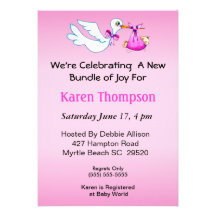 Girls Stork   Baby Shower  Invitation