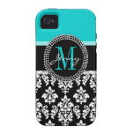 Girly, Aqua, Black Damask. Your Monogram Name iPhone 4/4S Case