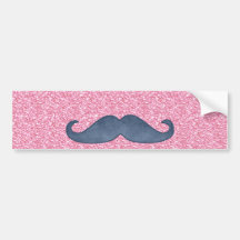 GIRLY BLUE MUSTACHE PINK GLITTER PHOTO BUMPER STICKER