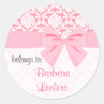 Girly Elegant Pink Damask Wrap Bow Personalised Stickers
