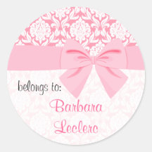 Girly Elegant Pink Damask Wrap Bow Personalised Stickers