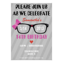 Girly Geek Glasses & Hearts Birthday Invitation