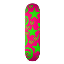 Girly Hot Pink Lime Green Stars Hearts Swirls Gift Skate Deck