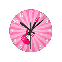 Girly Pink Electric Guitar Round Wall Clocks