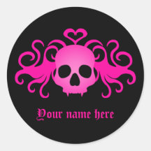 Girly pink goth fanged vampire skull on black stickers