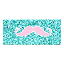 GIRLY PINK MUSTACHE ON TEAL GLITTER EFFECT PERSONALIZED INVITATION