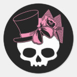 Girly Skull with Hat and Pink Bow Round Sticker
