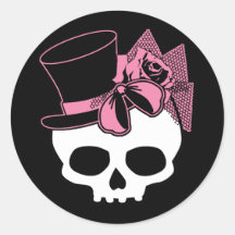 Girly Skull with Hat and Pink Bow Round Sticker