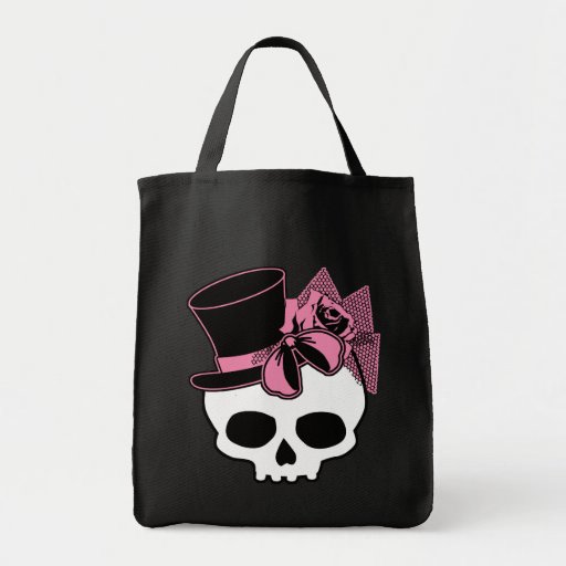 Girly Skull with Hat and Pink Bow Tote Bags