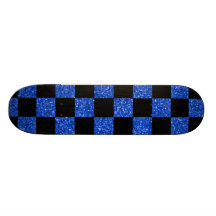 Glitter blue and black checkered pattern skate board