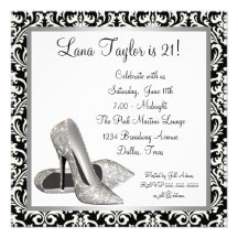 Glitter High Heels Black Damask Birthday Party Personalized Invite