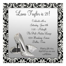 Glitter High Heels Black Damask Birthday Party Personalized Announcements