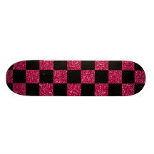 Glitter hot pink and black checkered pattern skate board deck