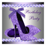 Glitter Pearls Purple High Heels Shoes Birthday Custom Invitations