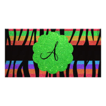 Glitter rainbow zebra stripes monogram custom photo card