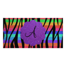 Glitter rainbow zebra stripes monograms photo cards