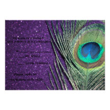 Glittery Purple Peacock Wedding RSVP Cards Personalized Announcements
