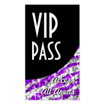 Glitz Zebra Purple 'VIP Pass' Black Curve portrait Business Cards