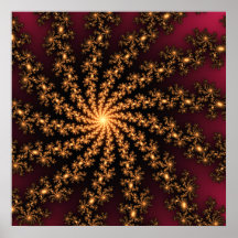Glowing Golden Fractal Explosion on Burgundy Posters