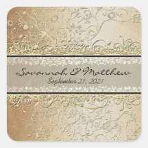 Gold and Black Swirl Square Wedding Seal Sticker