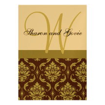 Gold and Brown Damask Monogram Wedding Invitation