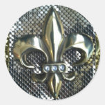GOLD AND SILVER MESH FLEUR DE LIS PRINT ROUND STICKERS