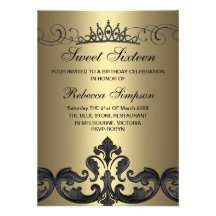 Gold & Black Damask & Tiara Birthday Invitation