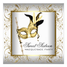 Gold Black White Sweet Sixteen Masquerade Party Personalised Invitations